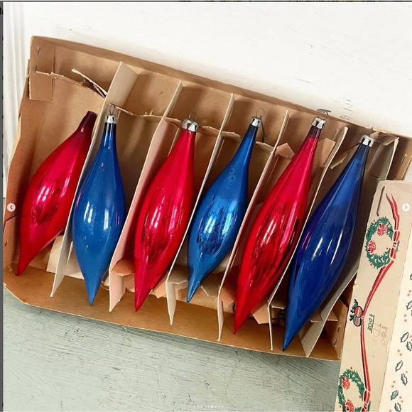 Vintage Christmas Ornaments Icicle Glass Patriotic Americana Poland Box Set 6B - Picture 6 of 9